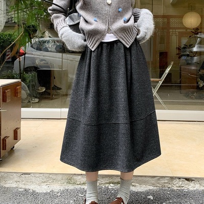 灰色毛呢半身裙女秋冬大码加厚中长款百褶裙松紧腰百搭蓬蓬裙伞裙