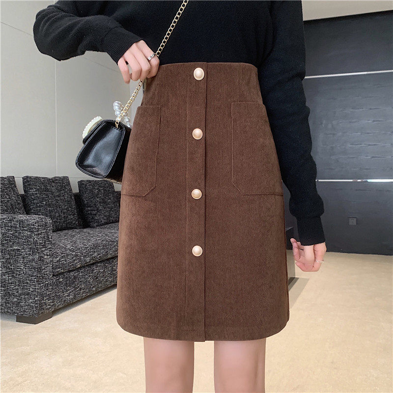 灯芯绒咖色单排扣半身裙女秋冬大码高腰显瘦A字遮跨中长款包臀裙,女装/女士精品,半身裙,淘宝优惠券,粉丝福利购,淘宝优惠卷