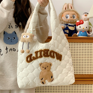 日系通勤棉袄包包女休闲大容量韩版 格子刺绣秋冬单肩布袋包购物袋