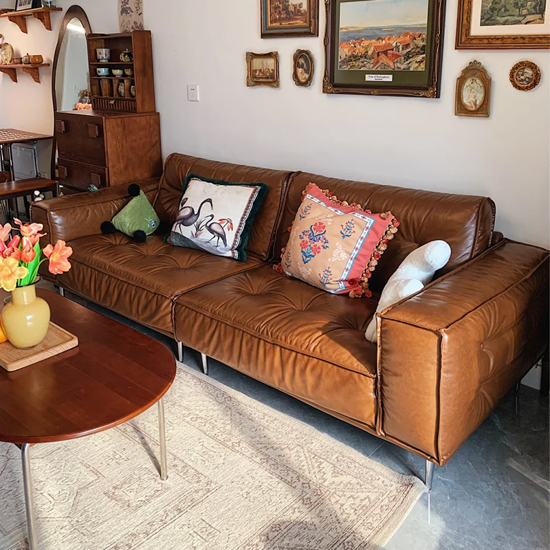 久伴沙发复古油蜡皮沙发客厅中古包豪斯真皮沙发小户型焦糖色沙发