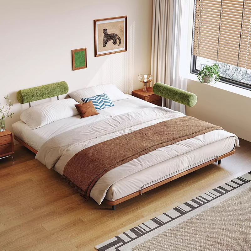 无床头实木悬浮床中古风双人布艺小户型移动靠枕齐边次卧榻榻米床