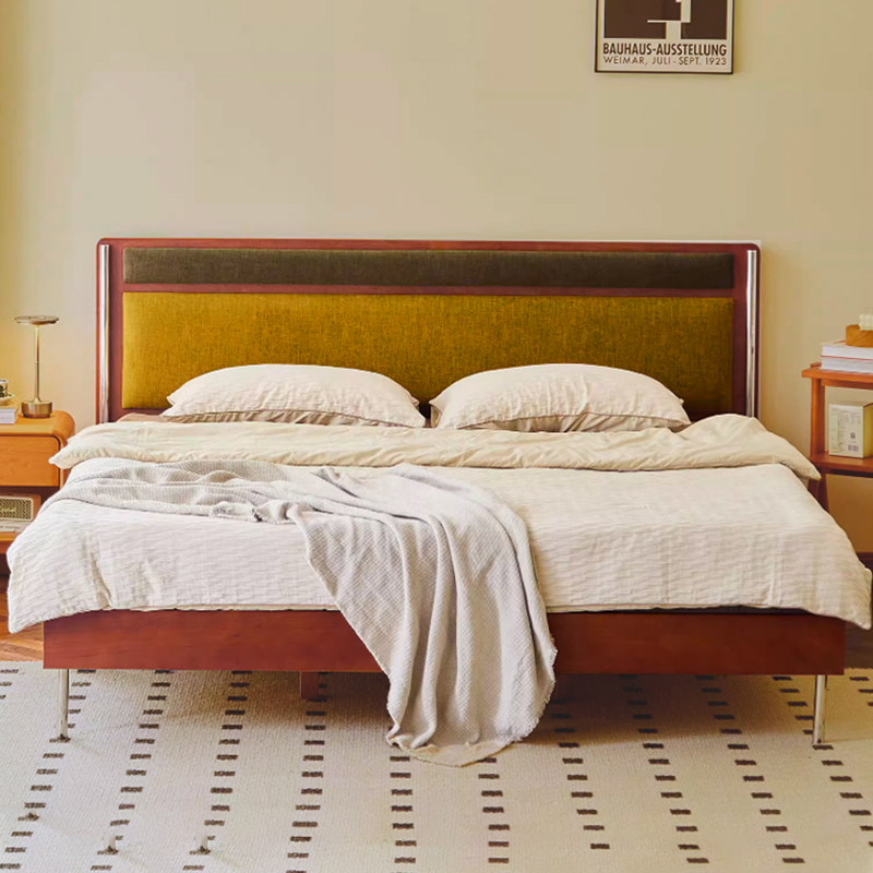 中古风床小户型主次卧樱桃木床复古齐边床实木包豪斯软包床