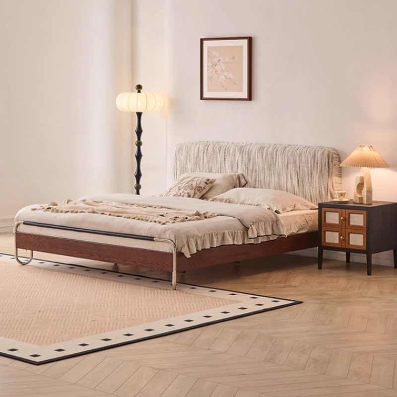 中古风实木床小户型可拆洗布艺软包法式复古主卧1米8实木双人大床