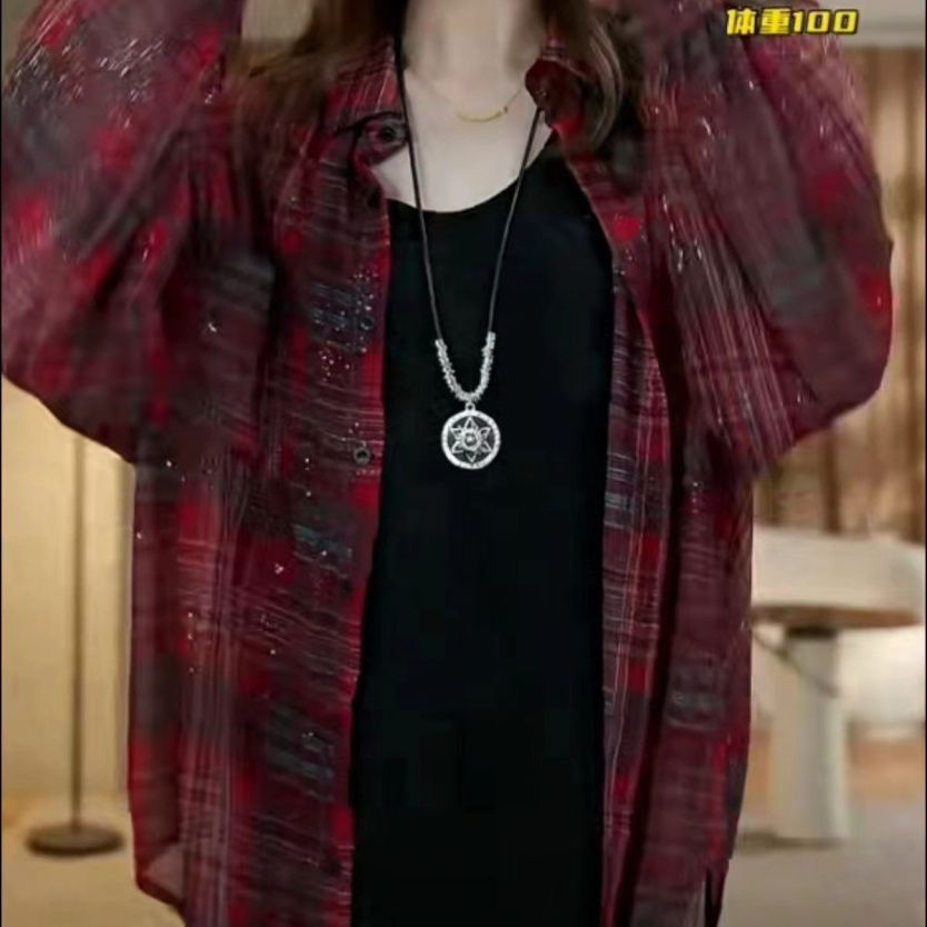 长袖宽松空调衫休闲中长款格纹细闪防晒衬衫上衣气质防晒衣女