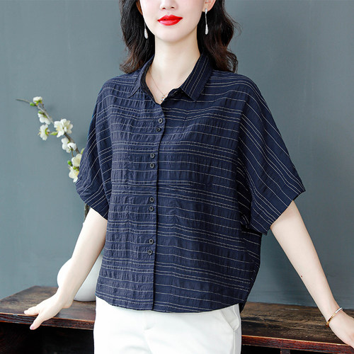 休闲短袖女夏季新款2026韩版宽松洋气蝙蝠衬衫薄款棉麻上衣