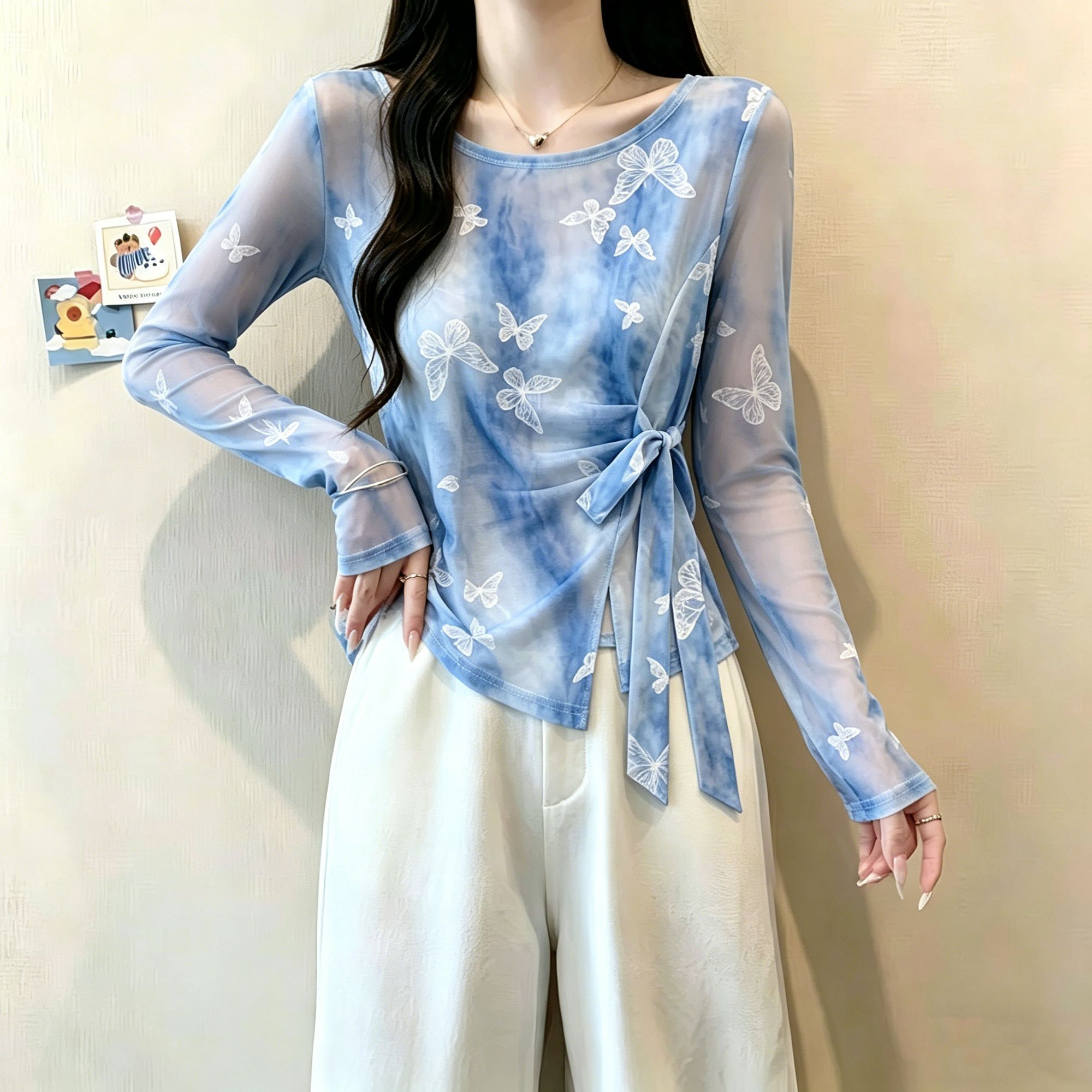 宽松休闲风双层网纱蝴蝶印花长袖雪纺衫女绑带防晒罩衫设计感上衣