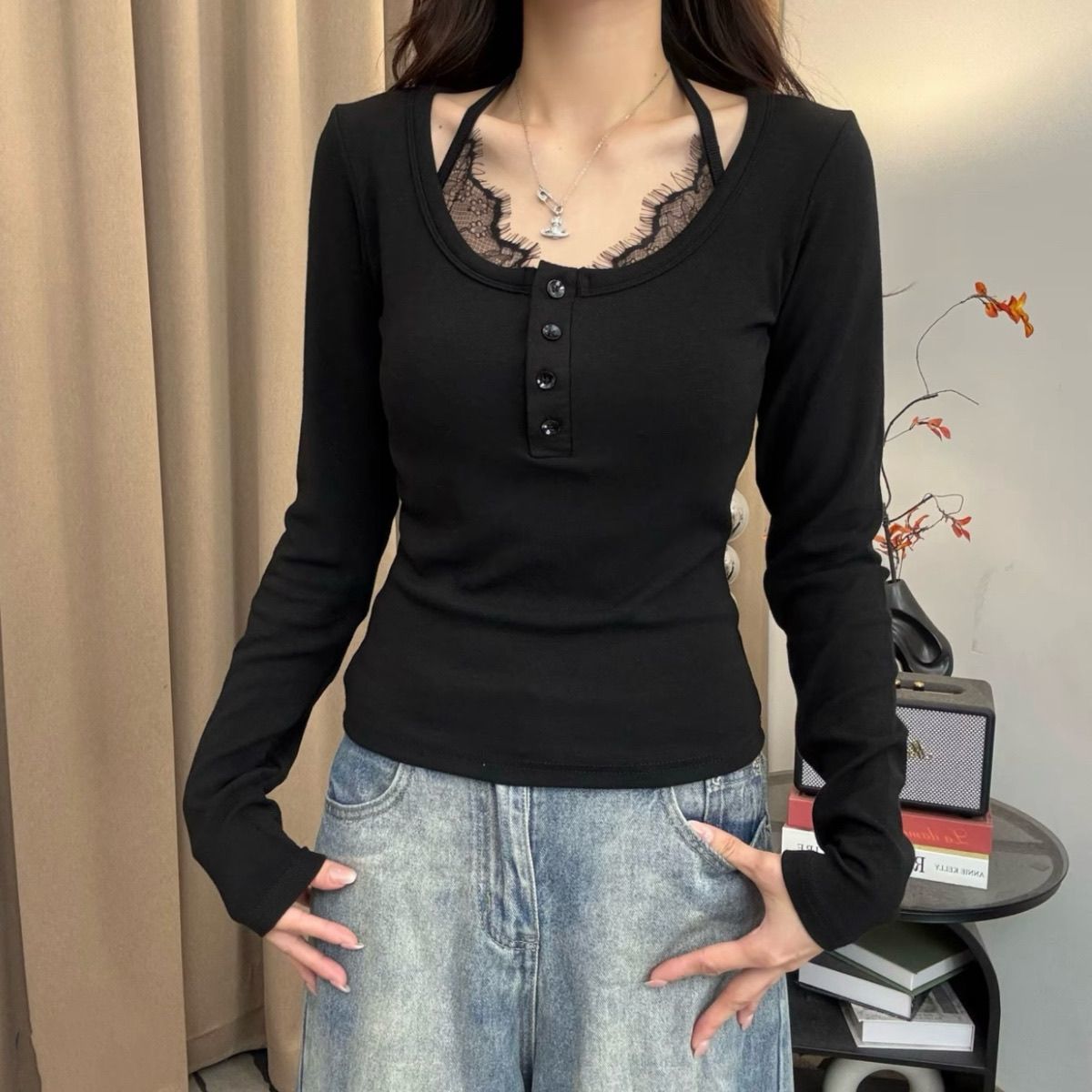 修身型女士韩式韩版挂脖蕾丝拼接长袖T恤女修身假两件上衣黑色