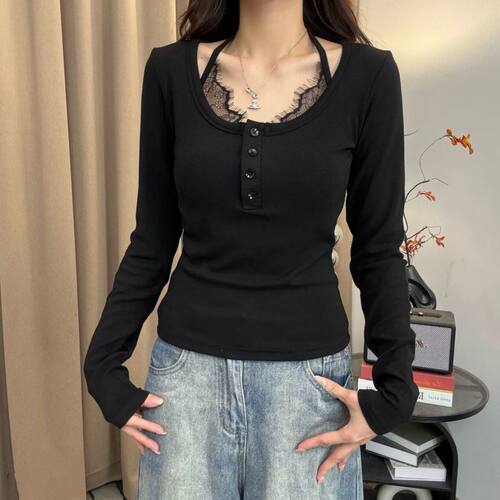 修身型女士韩式韩版挂脖蕾丝拼接长袖T恤女修身假两件上衣黑色