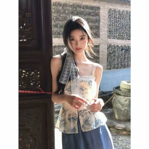 拼接内搭无袖收腰背心白色上衣