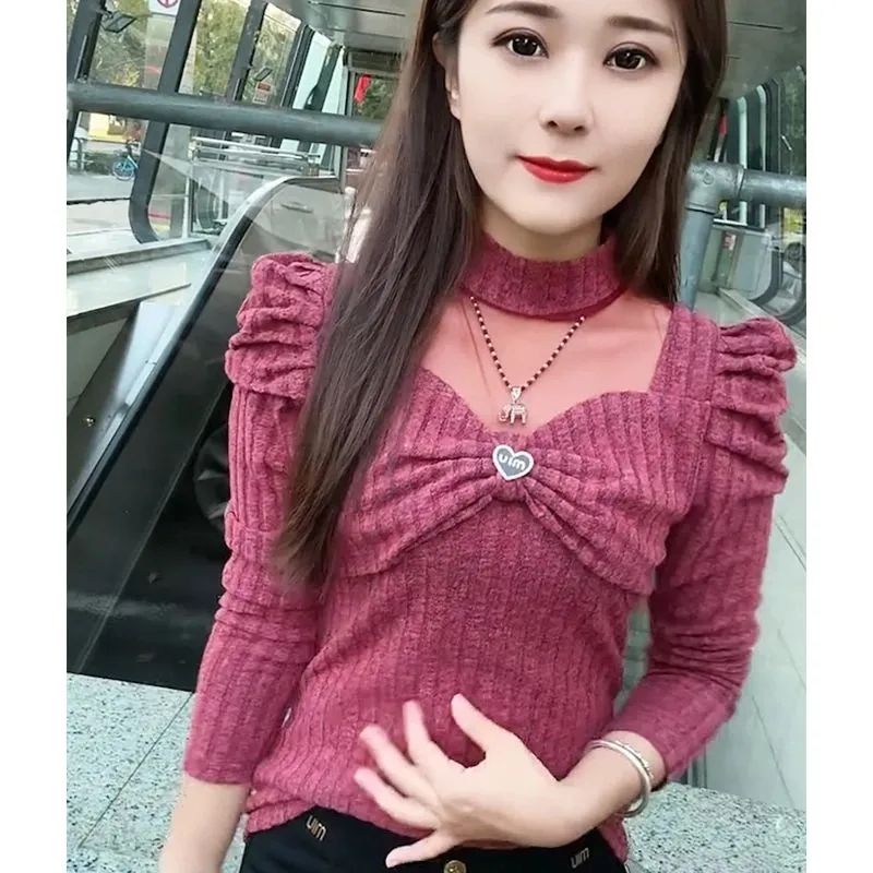 时尚长袖T恤洋气百搭泡泡肩秋冬款上衣修身显瘦网纱拼接打底衫