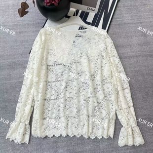 雪儿 X1583韩系V领纯色公主袖蕾丝T恤叠搭上衣打底衫