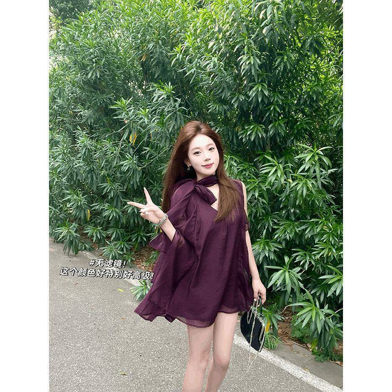 紫色飘带雪纺吊带背心女夏季外穿辣妹性感高级感绝美宽松无袖上衣