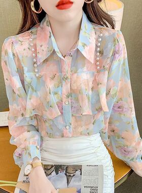 2026秋冬季新款洋气百搭设计感珍珠荷叶边碎花雪纺甜美长袖衬衣