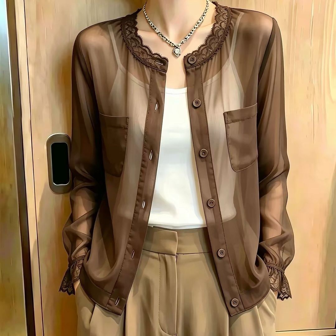 宽松衬衫通勤风网纱蕾丝拼接开衫女长袖薄款防晒衫上衣夏季新款
