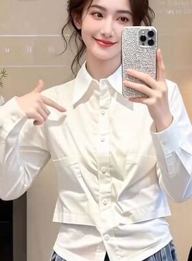 法式轻奢白色翻领长袖衬衫女2026春季大码胖设计感打底小众衬衣