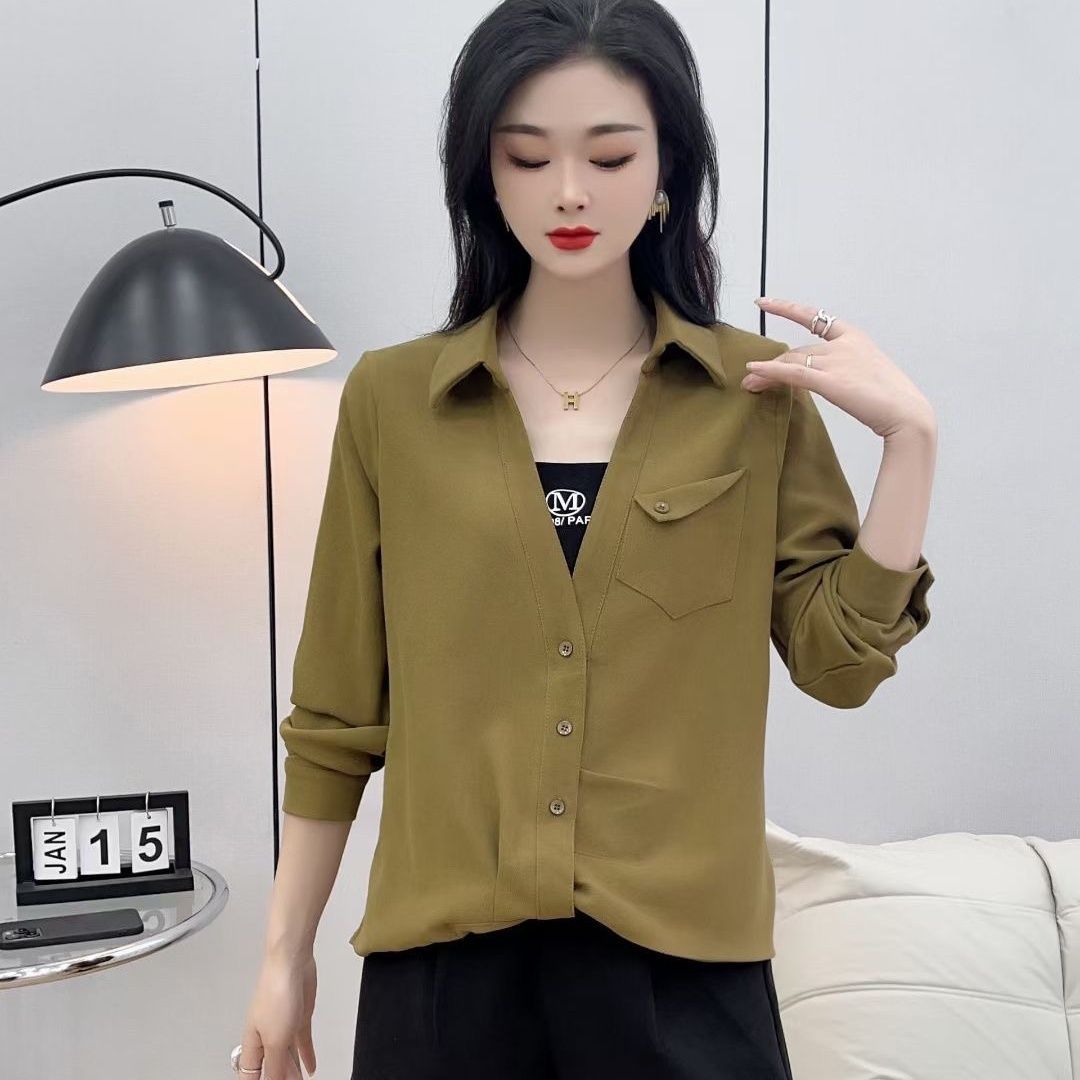 秋新款假两件减龄显瘦气质上衣女时尚洋气百搭翻领T恤休闲通勤风