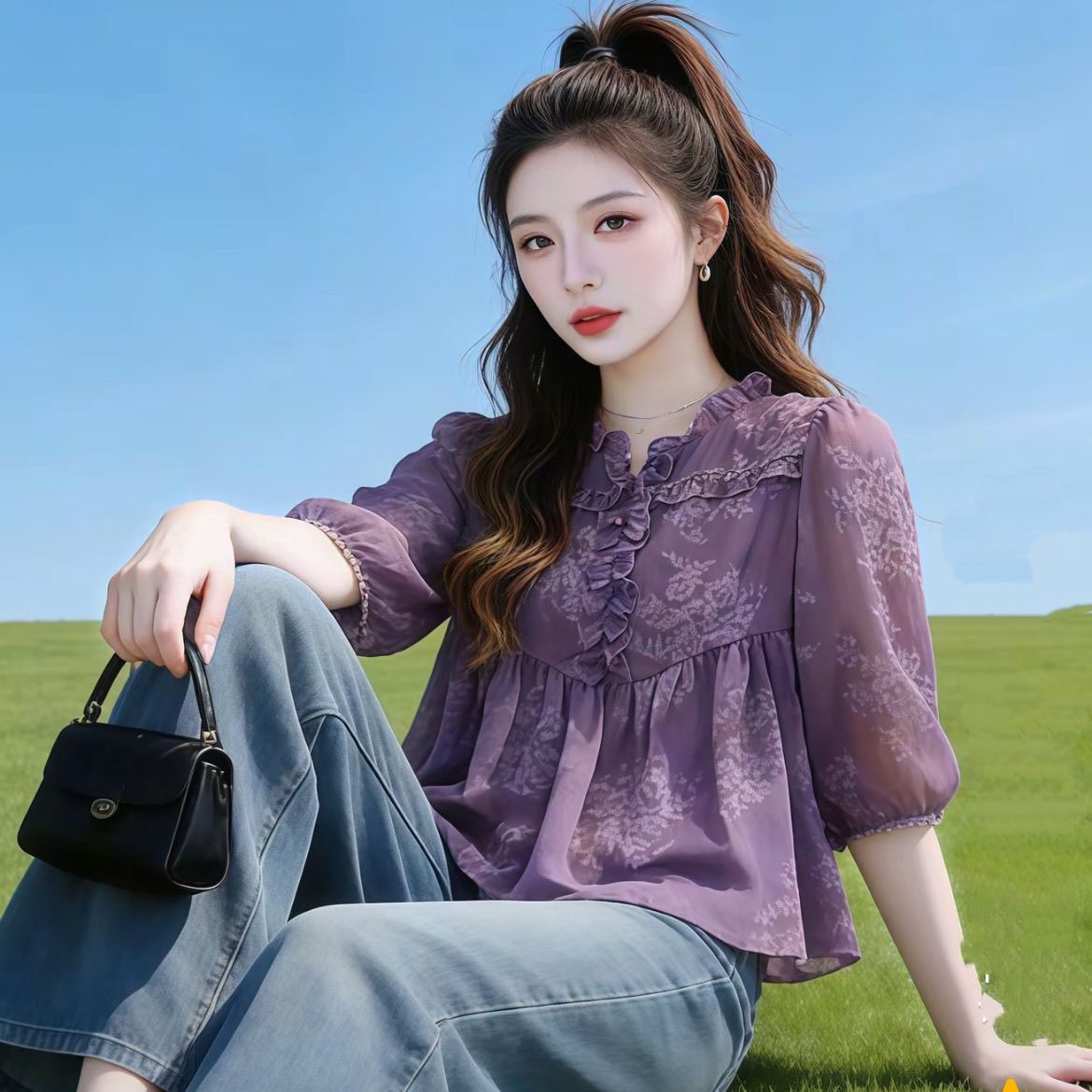 2026夏季巨好看的紫色木耳边薄款短袖衬衫女新款爆款雪纺短款小衫