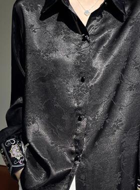 提花缎面衬衫女春季新款新中式复古气质撞色拼接国风大码刺绣上衣