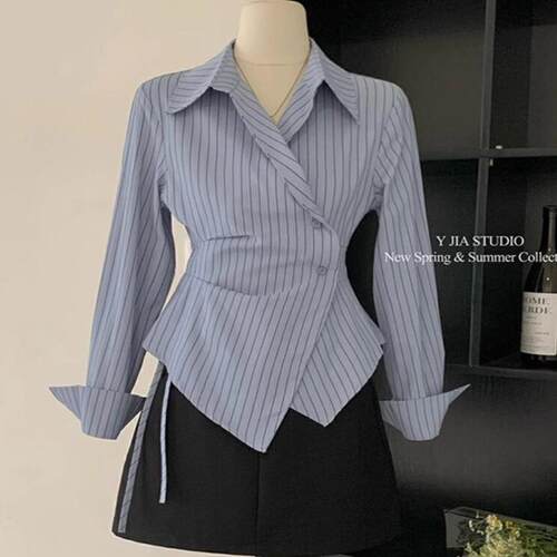 设计感不规则收腰显瘦条纹衬衫
