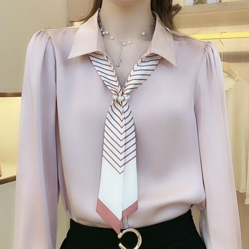 套头衬衫女长袖2026秋季新款纯色百搭女士显瘦丝巾领带翻领衬衣