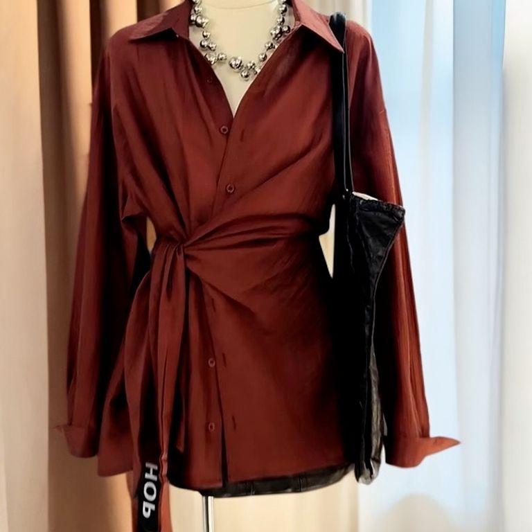 2025秋季新款小众时尚洋气衬衫年轻别致遮肉个性红绑带设计上衣女