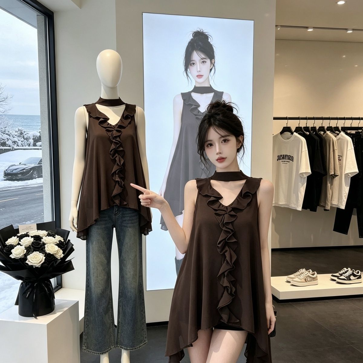 女装2026年夏季法式荷叶边V领无袖雪纺衫女显瘦不对称设计感上衣