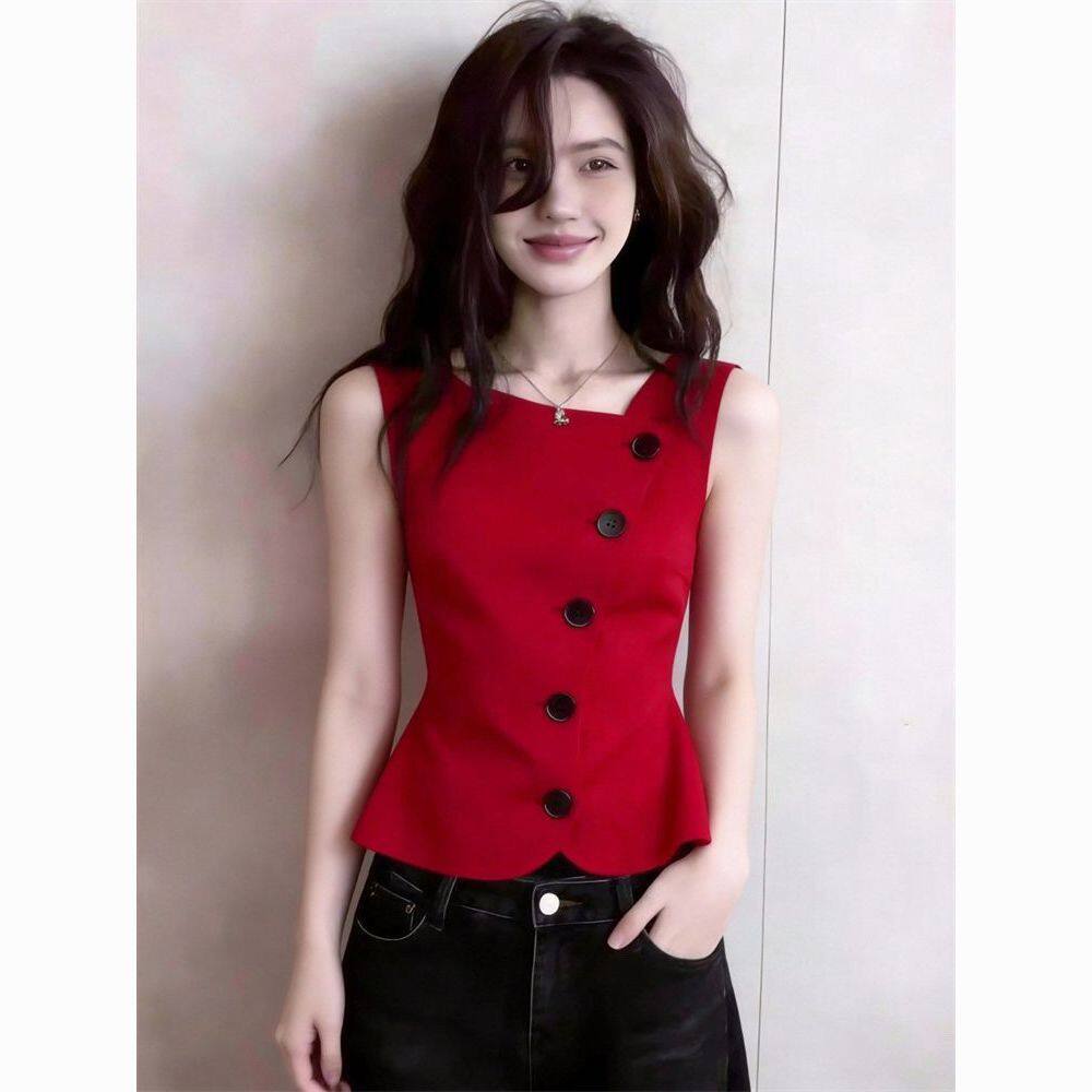 红色V领单排扣收腰下摆荷叶边马甲2026春季女装新款漂亮无袖上衣