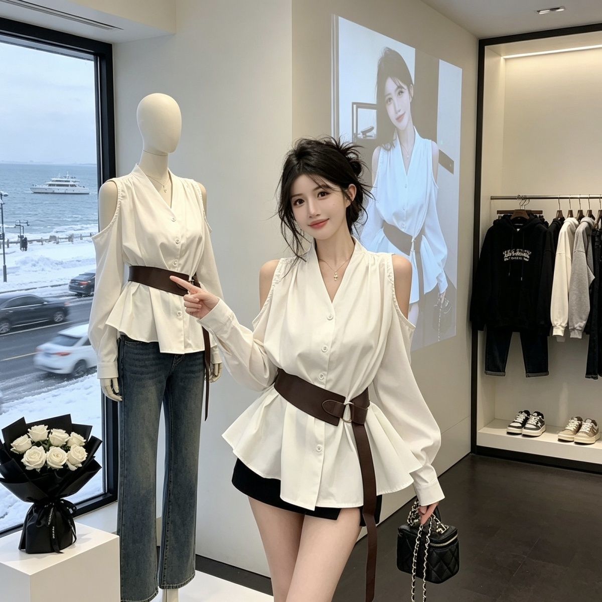 冷淡系V领收腰带衬衫女春夏法式