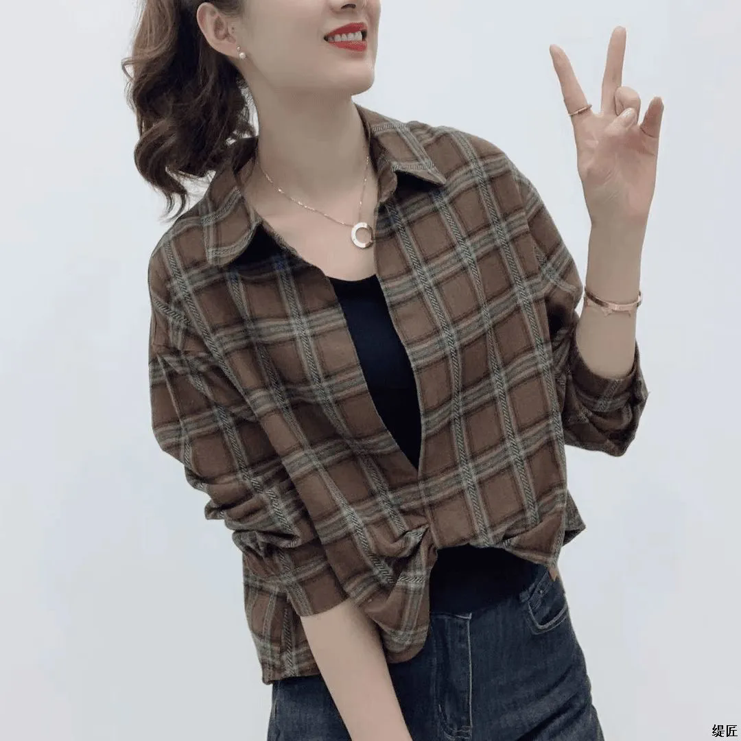 新款格子时尚减龄休闲洋气拼接气质衬衫两件套百搭显瘦女长袖衬衣
