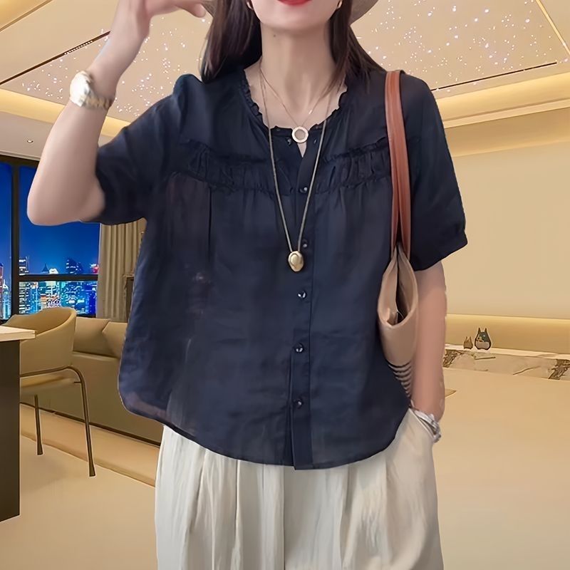 木耳边圆领单排扣短袖衬衫女2025新款爆款小众别致宽松休闲上衣