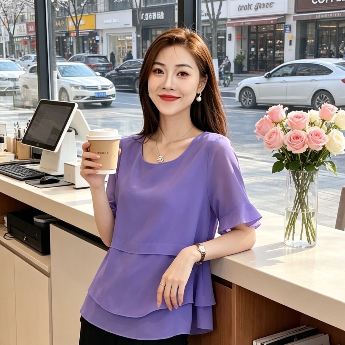 休闲风夏季时尚雪纺衫女夏宽松遮肉荷叶边短袖显瘦上衣雪纺花衫