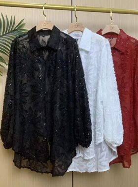 2026春夏新款提花亮晶晶显瘦时尚潮牌中长款长袖衬衫开衫上女