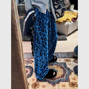 女显瘦高腰休闲垂感阔腿裤 潮流小众宝蓝色豹纹裤 时髦宽松2025冬季