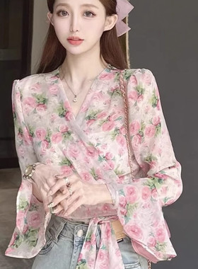 法式时尚气质碎花绑带短款上衣女夏季2026新款设计感小众雪纺衫潮