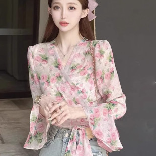 法式时尚气质碎花绑带短款上衣女夏季2026新款设计感小众雪纺衫潮