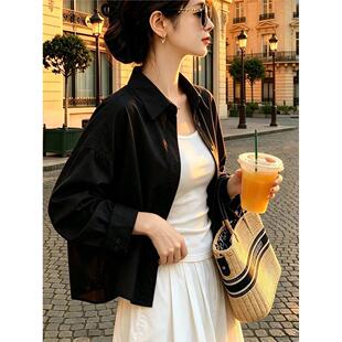 黑色长袖衬衫女款2026新款春秋季宽松休闲衬衣短款小衫设计感上衣