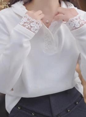 德绒连帽拼接蕾丝打底衫女秋冬白色内搭t恤2025新款内搭长袖上衣