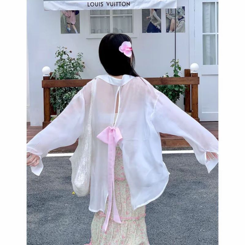 白色蝴蝶结防晒衬衫外套女春夏韩系少女风减龄宽松绝美上衣