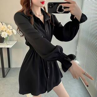 韩版秋上衣女2026新款喇叭袖衬衫显瘦收腰设计中长款纯色雪纺衬衣