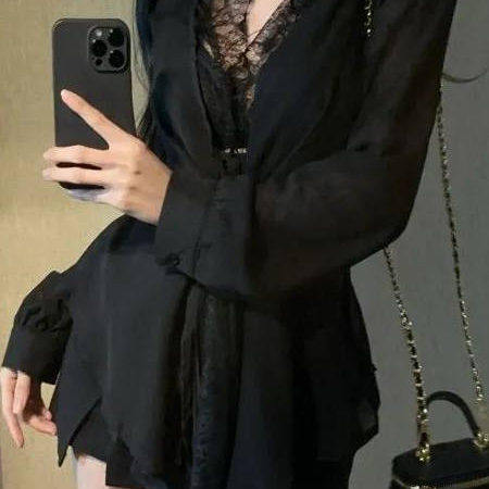 蕾丝拼接绑带v领长袖衬衫女夏季修身收腰衬衣设计感纯欲上衣
