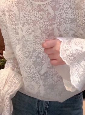 韩系超仙刺绣蕾丝立领设计套头衬衫女秋冬气质白色时尚钩花新上衣