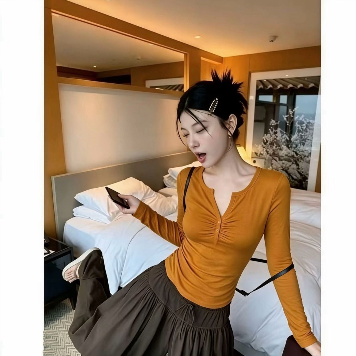 韩式女士2026秋冬新款韩系V领纽扣长袖T恤女修身显瘦百搭气质上衣