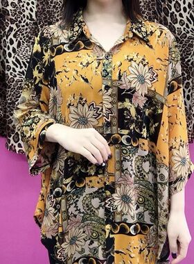 春夏新款高档雪纺衫中老年妈妈印花遮肚子时尚大码宽松外搭开衫女