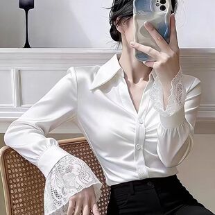 上衣 衬衫 2026春季 绝美轻奢减龄洋气独特设计感白色蕾丝拼接喇叭袖