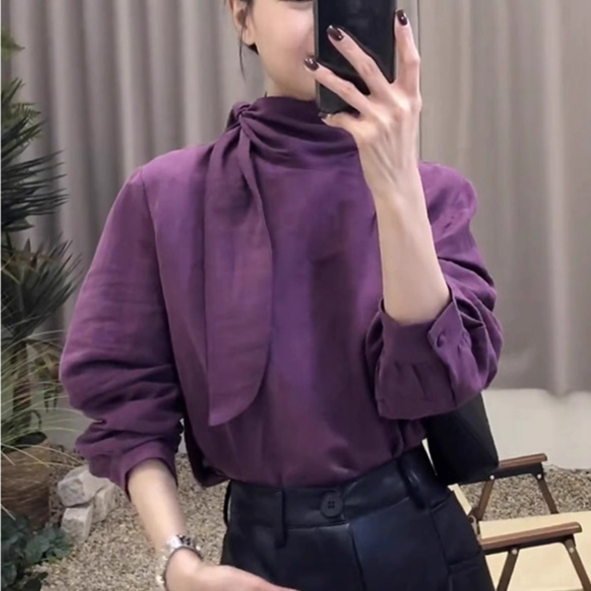 小香风蝴蝶结立领紫色衬衫女