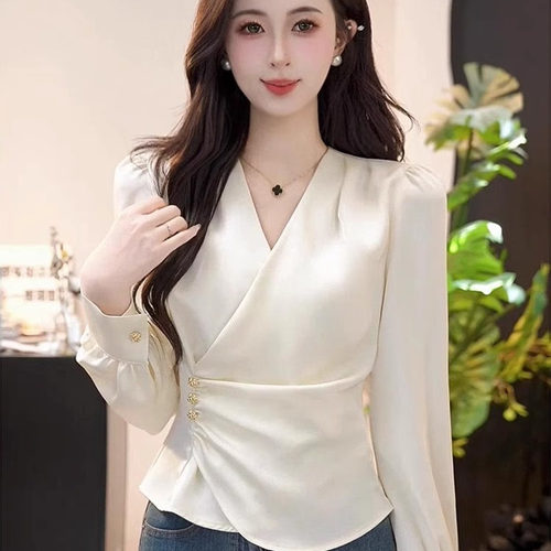 法式轻奢气质缎面V领长袖衬衫