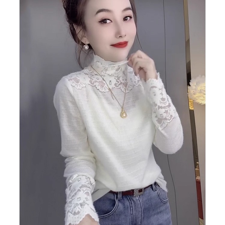 冬季2025新款拼接蕾丝设计感长袖T恤女装小众修身显瘦打底衫上衣