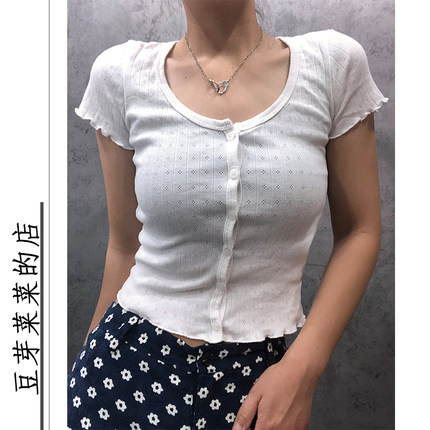 复古木耳边短袖T恤前排扣zelly top纯色修身显瘦短款BM上衣女开衫
