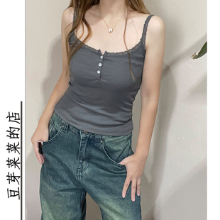 百搭性感纽扣吊带bm内搭修身 显瘦纯欲蕾丝纯色背心女上衣棉打底衫