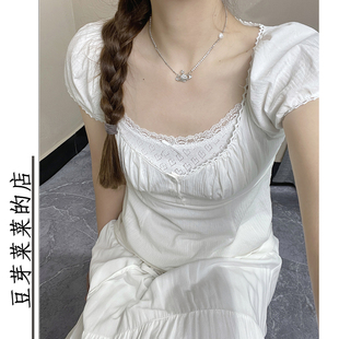 打底衫 纯欲风花边泡泡袖 甜美白色棉短袖 T恤女bm修身 收腰外穿罩衫